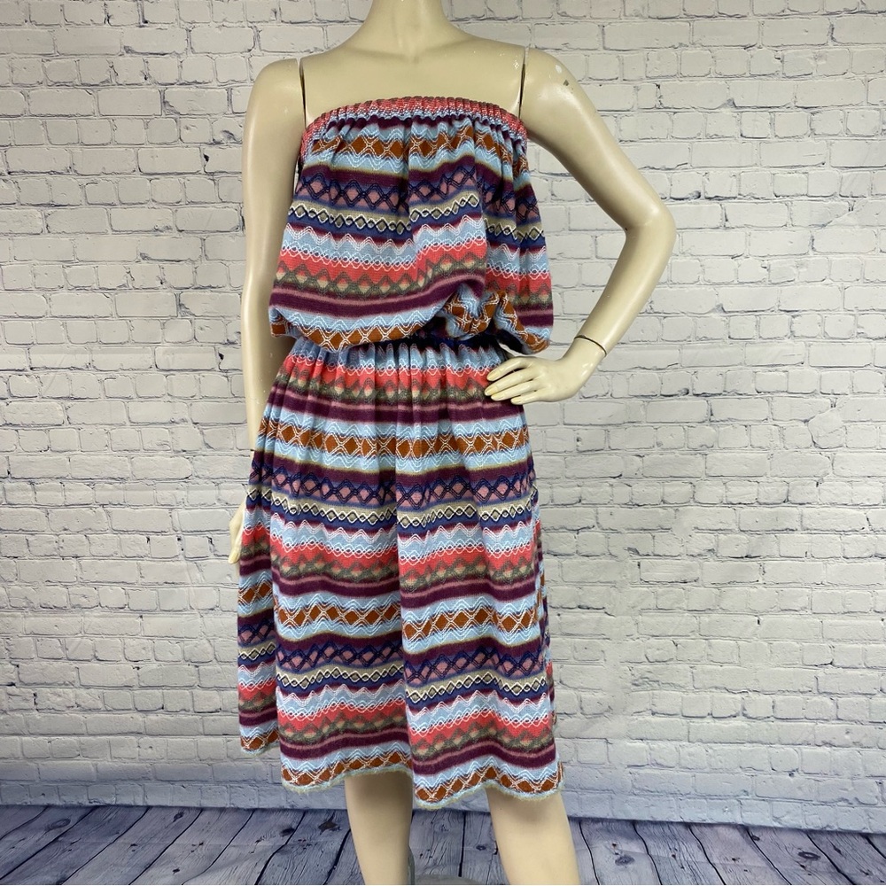 Vintage 70s Fairisle Embroidered Sweater Knit Strapless Tube Dress OS S/M/L